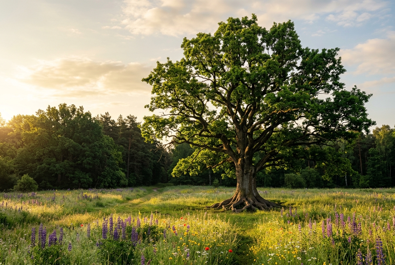 [Symbolbild, KI] Alte Eiche auf Blumenwiese für Autonomie und Homonomie im seelischen Gleichgewicht