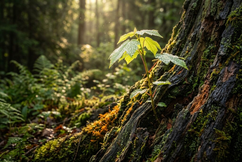 [Symbolbild, KI] Zarter grüner Baumkeimling wächst aus totem Holz im sonnigen Wald für Keimzellen und systemische Verantwortung
