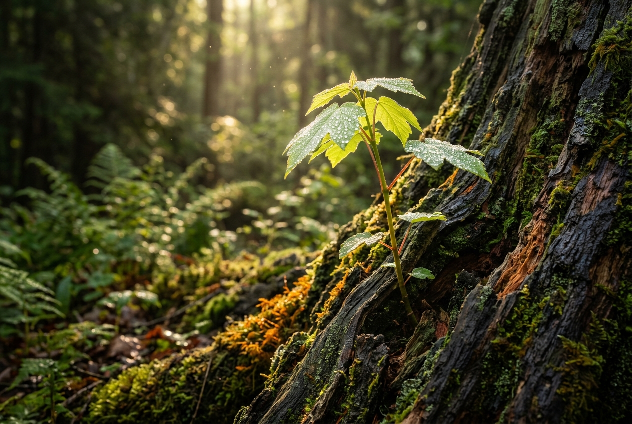 [Symbolbild, KI] Zarter grüner Baumkeimling wächst aus totem Holz im sonnigen Wald für Keimzellen und systemische Verantwortung