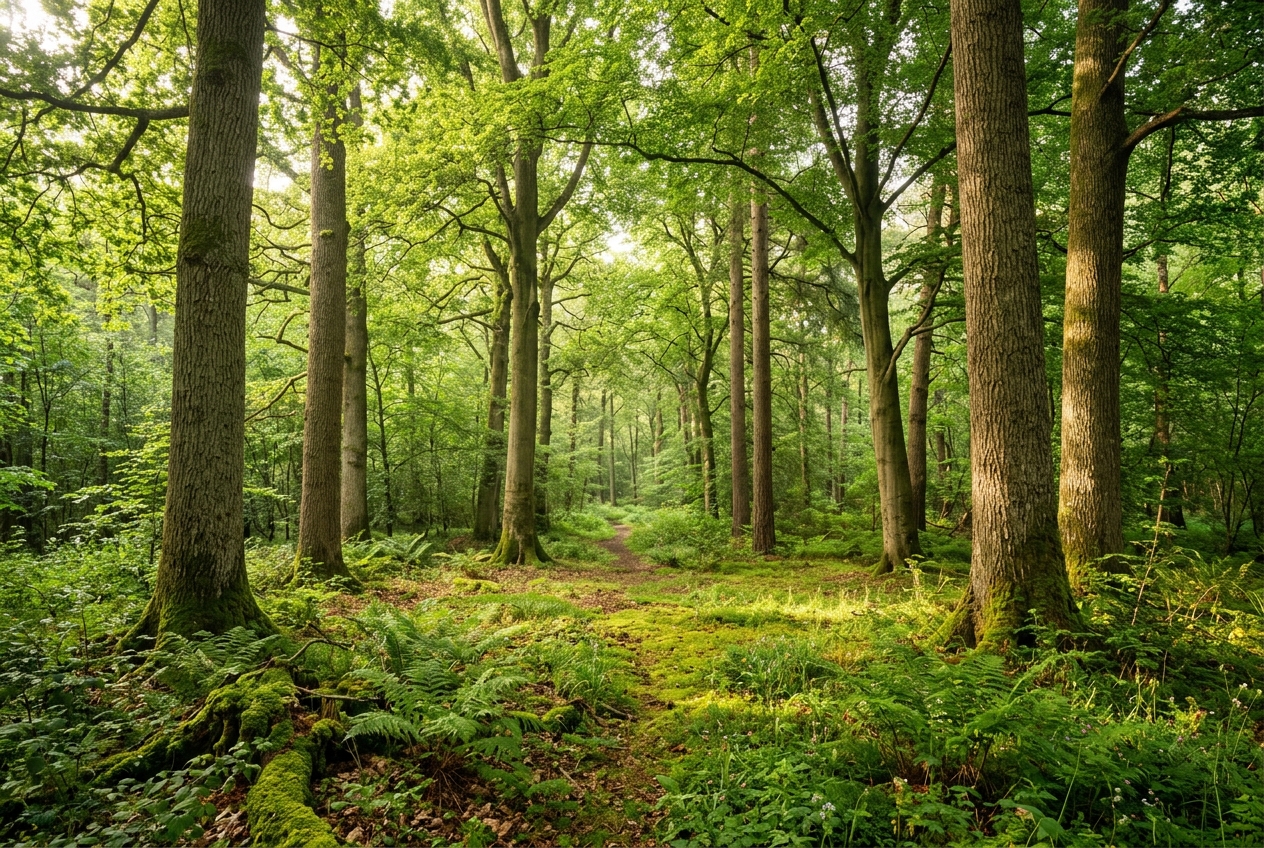 [Symbolbild, KI] Kreis alter Waldbäume in sonniger Waldlichtung mit Moos für Kooperation und offene Systeme