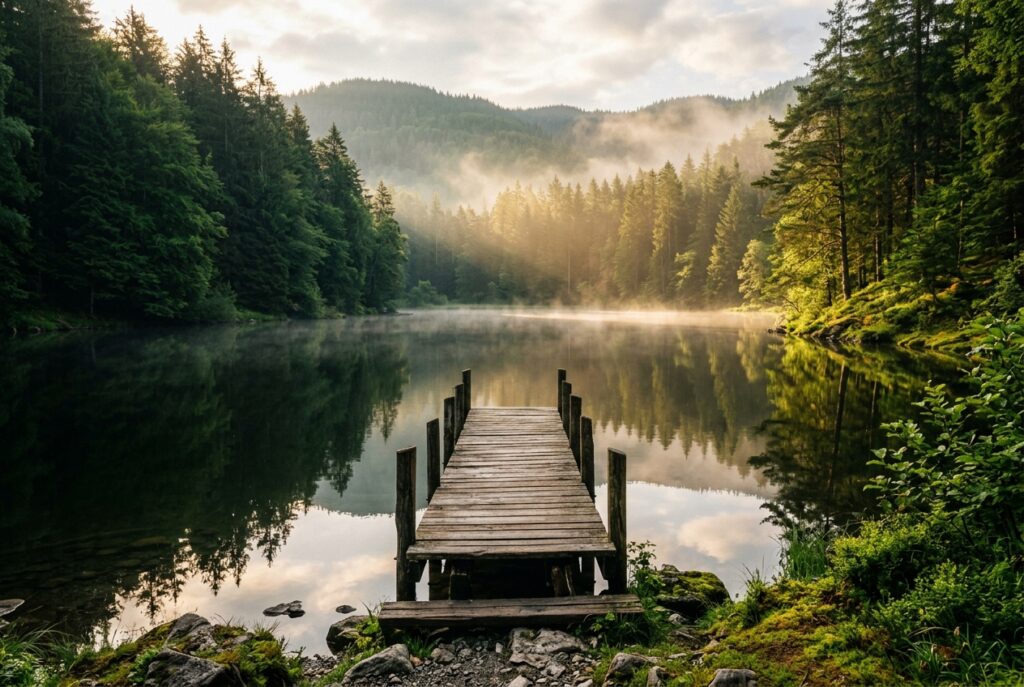[Symbolbild, KI] Holzsteg an stillem Waldsee im Morgendunst für Ausstieg aus Dissoziation und Rückkehr zur Verbundenheit