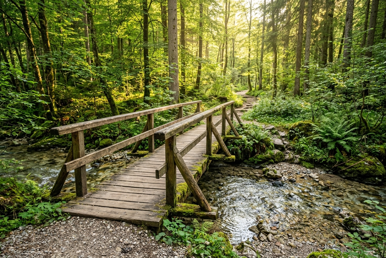[Symbolbild, KI] Naturnahe Holzbrücke über einen Waldbach als Einladung ins Gespräch