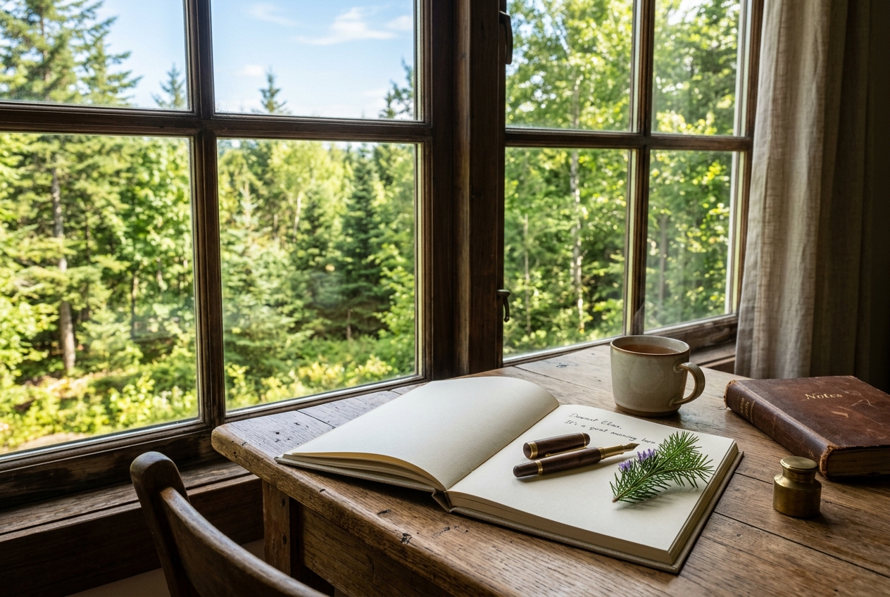 [Symbolbild, KI] Offenes Notizbuch mit Stift am Fenster mit Waldblick für persönliche Nachrichten