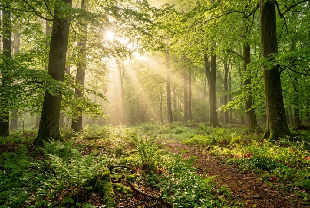 [Symbolbild, KI] Sonnenstrahlen brechen durch grünes Blätterdach auf Waldboden für den Menschen als offenes System