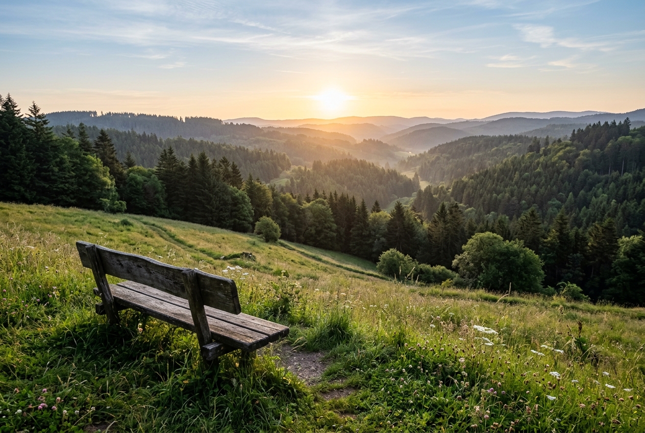 [Symbolbild, KI] Holzbank auf Wiese mit Blick über weite Waldhügel für Natur-Retreats