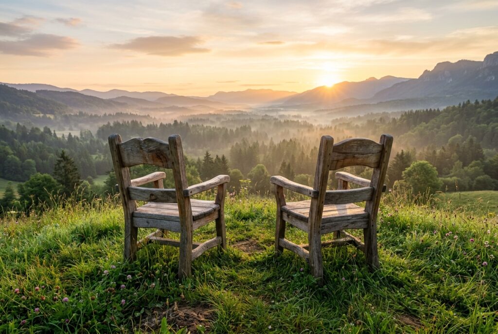 [Symbolbild, KI] Zwei Holzstühle nebeneinander auf einer Anhöhe mit Weitblick für Partnerschaften auf Augenhöhe