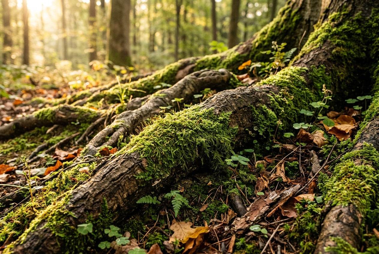 [Symbolbild, KI] Moosbewachsene Baumwurzeln auf Waldboden für Erdung und biologische Resilienz