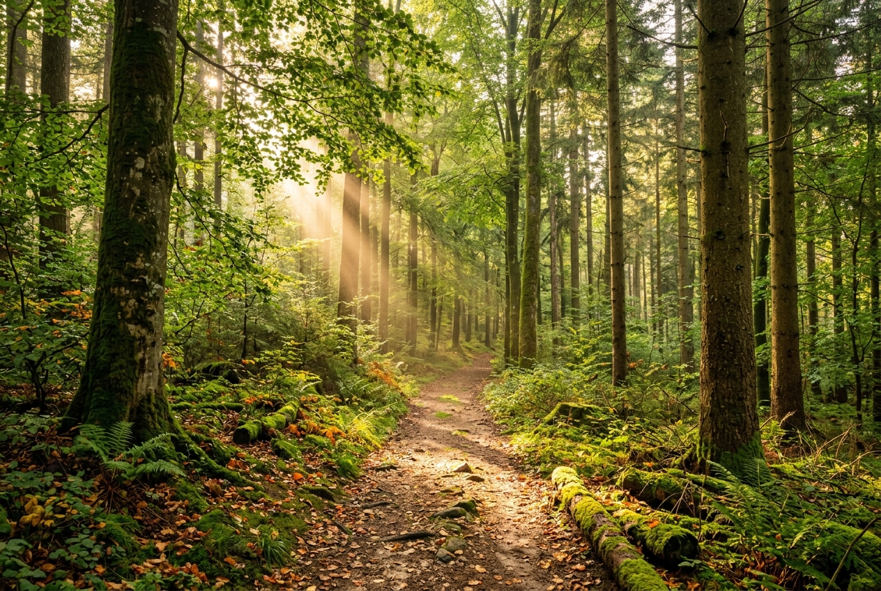 [Symbolbild, KI] Sonnendurchfluteter Waldweg mit Moos für gemeinsame Waldgänge