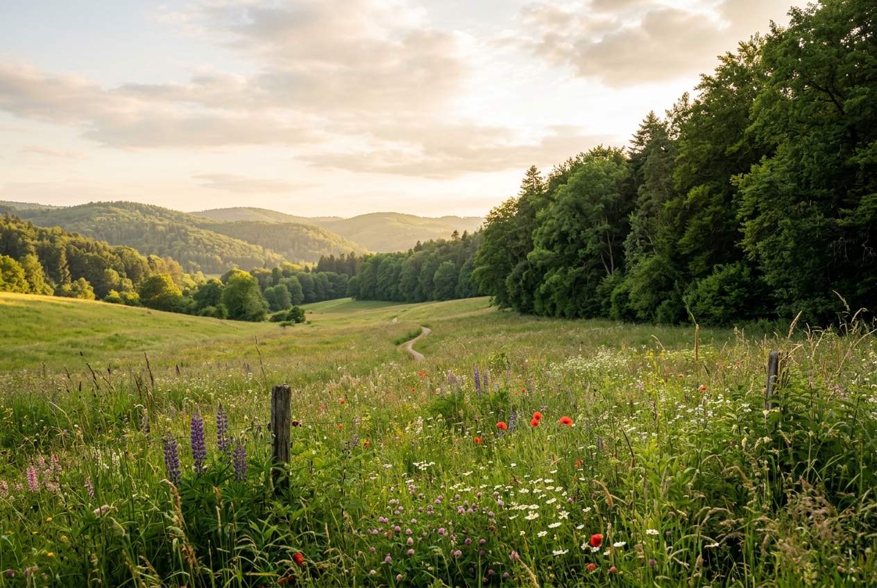[Symbolbild, KI] Weite blühende Waldwiese mit sanften Hügeln für Natur als Resonanzraum