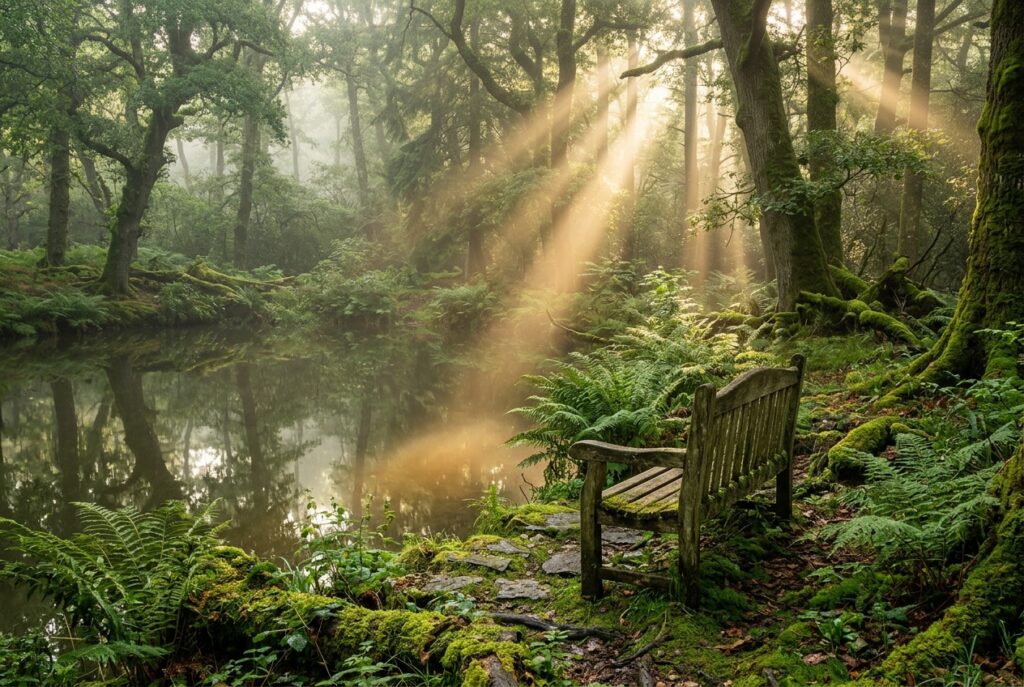[Symbolbild, KI] Bemooste Holzbank an stillem Waldteich mit Sonnenstrahlen für die Ungeduld der Zeit und Verlangsamung