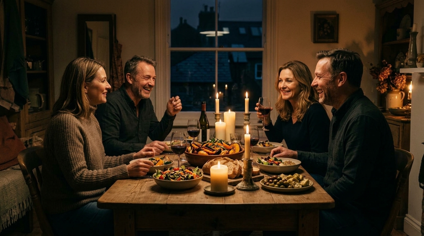 [Symbolbild] Veganes Abendessen im Freundeskreis bei Kerzenschein am Holztisch mit Blick auf dunkle Dächer – Das Bonhoeffer-Paradox und Konformismus