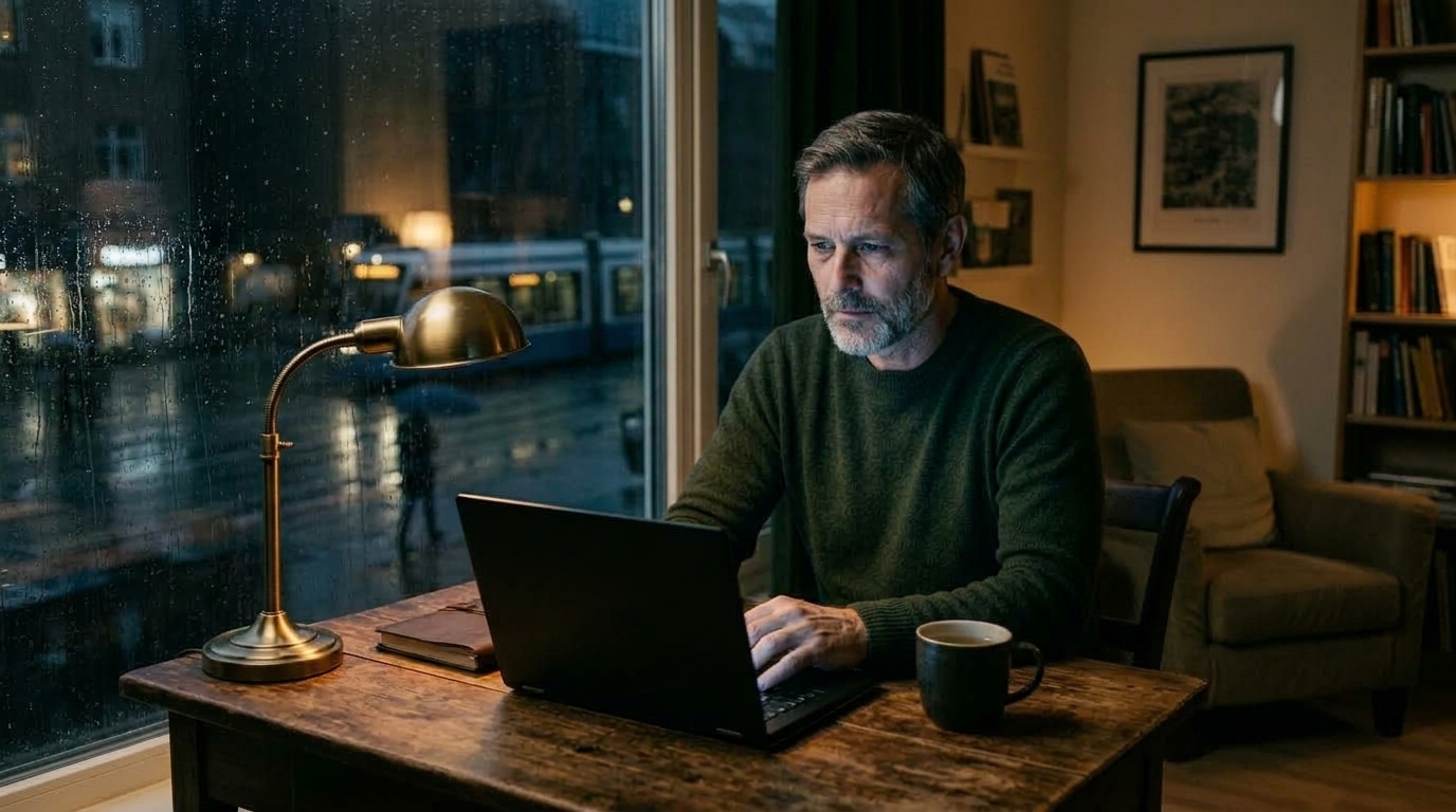 [Symbolbild] Ein nachdenklicher Mann blickt am Sonntagabend am Schreibtisch starr auf den Laptop-Bildschirm bei Regen am Fenster – Cipollas 4. Gesetz und Zermürbung