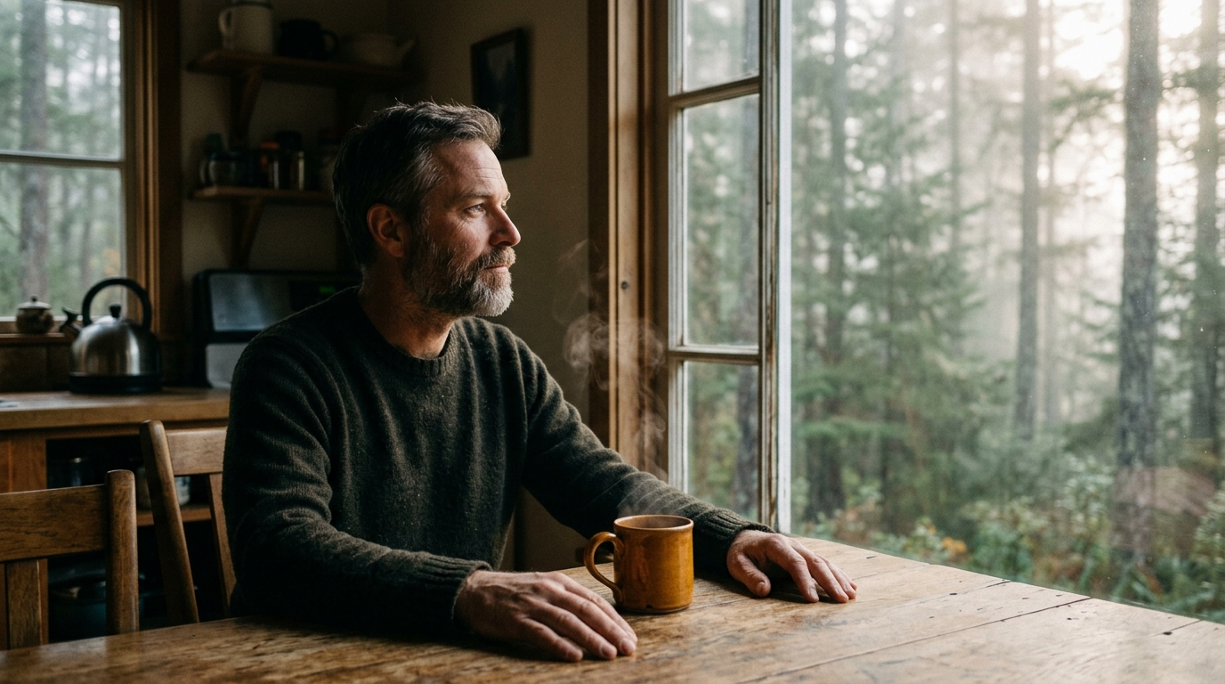 [Symbolbild] Ein nachdenklicher Mann sitzt am Holztisch mit einer dampfenden Tasse am Fenster mit Blick auf den morgendlichen Wald – Die Illusion der Kontrolle und Resilienz
