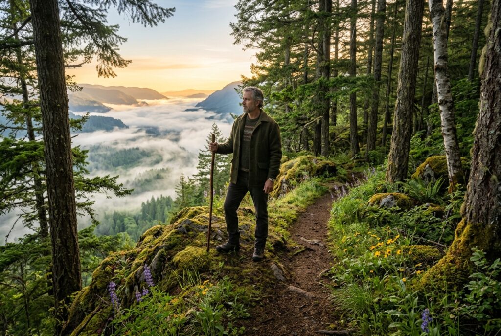 [Symbolbild, KI] Wanderer blickt frühmorgens vom Waldgrat über weites nebelverhangenes Tal für Kants vier Grundfragen