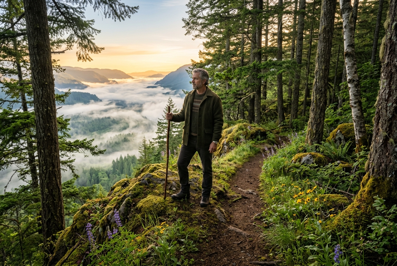 [Symbolbild, KI] Wanderer blickt frühmorgens vom Waldgrat über weites nebelverhangenes Tal für Kants vier Grundfragen