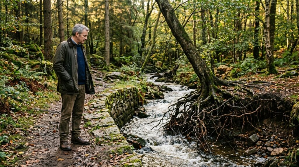 [Symbolbild] Ein Spaziergänger steht am Waldrand an einem begradigten Bach mit unterspültem Ufer – Die Kunst des Weiterdenkens, Kybernetik und der Kobra-Effekt