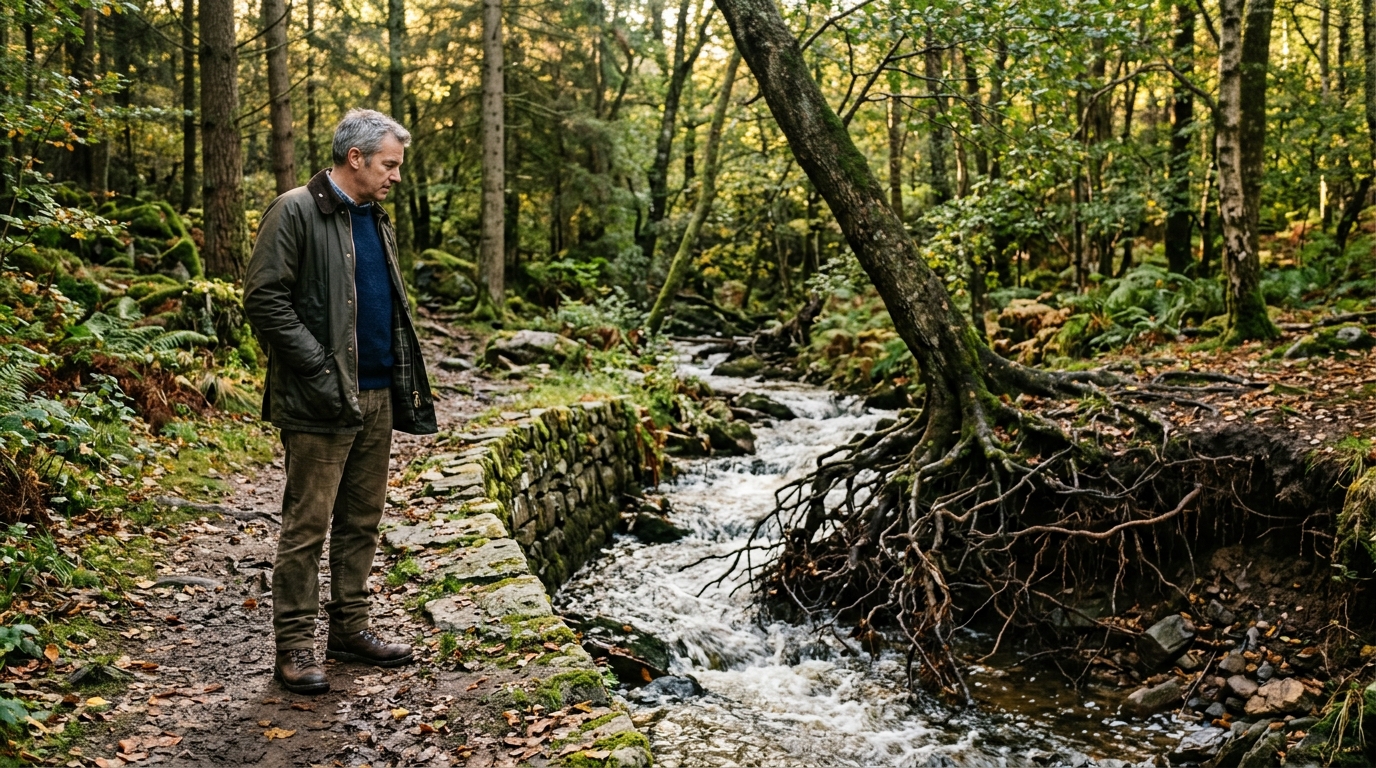 [Symbolbild] Ein Spaziergänger steht am Waldrand an einem begradigten Bach mit unterspültem Ufer – Die Kunst des Weiterdenkens, Kybernetik und der Kobra-Effekt